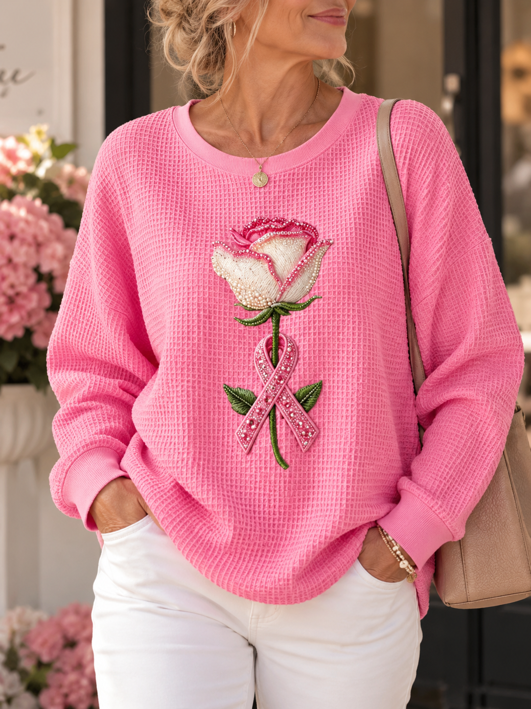 Pink Floral Waffle Knit Long Sleeve Top