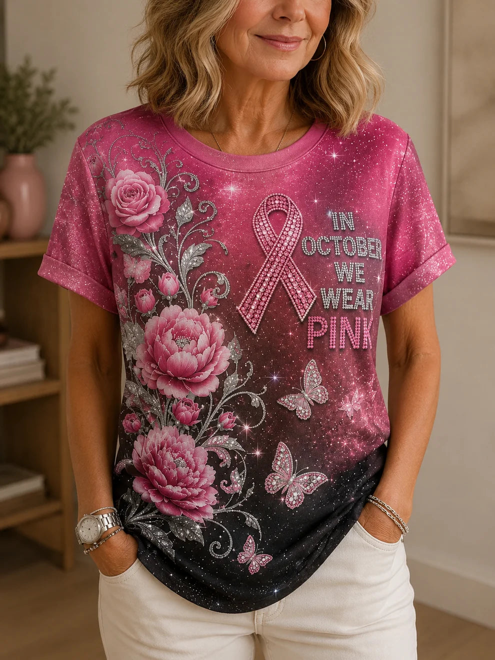 Pink Art Printed Casual T-Shirt