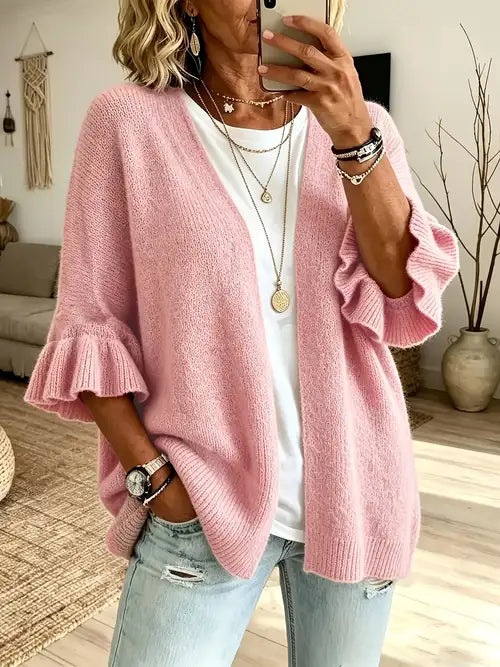 Ruffle Buttonless Soft Cardigan | Breast Cancer Awareness 2026